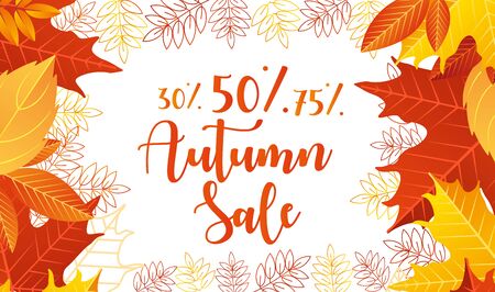 Autumn sale lettering vector illustration. Cartoon flat web banner design with autumnal yellow orange or red dry maple tree leaves on border of poster advertising, special discount offer for shoppingのイラスト素材