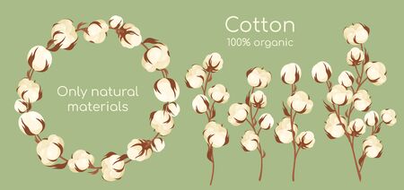 Organic cotton plant vector illustration set. Cartoon flat cottonseed branch with white textured flower bolls, natural raw materials for eco textile industry, manufacturing high quality cotton fabricのイラスト素材