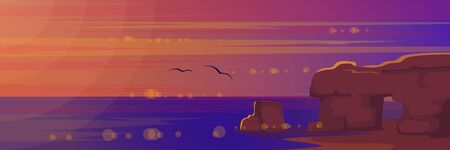 Sunset at sea landscape vector illustration. Cartoon flat nature of rocky beach island with big stones, dark seascape scenery, bay waves and seagulls, light on lens. Natural coast scene backgroundのイラスト素材