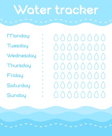 Vector illustration of Daily Water Tracker template in blue colors. Fitness and healthy life water calendar in flat styleのイラスト素材