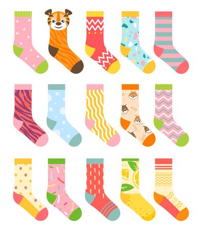 Socks vector illustration set. Cartoon flat collection of colorful clothing items with different pattern, cotton and woolen striped sock, funny warm socks for man, woman or children isolated on whiteのイラスト素材