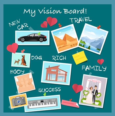 Vision board, collage with dreams and goals vector illustration. Cartoon flat visionary examples of financial business success, travel achievements, happy family wedding, motivation for body training.のイラスト素材