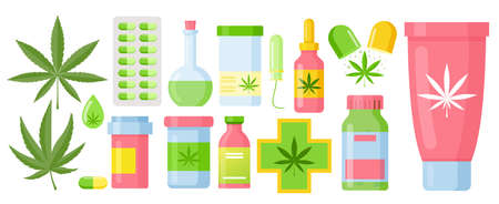 Cannabis medicine cartoon marijuana set with hemp oil glass bottle, cannabis extracts and leavesのイラスト素材