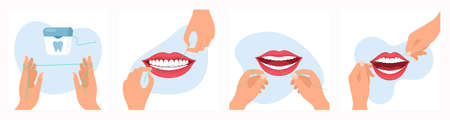 Vector illustration of using dental floss routine. Instruction how to use dental floss step by step,...