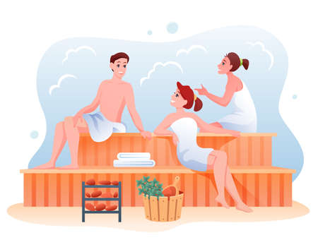 People relax in sauna, cartoon happy man woman characters sitting on wooden bench and relaxingのイラスト素材