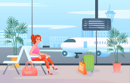 Wait in airport vector illustration. Cartoon flat woman tourist passenger character sitting with luggage travel bag in terminal lounge hall interior, waiting for departure airplane flight backgのイラスト素材