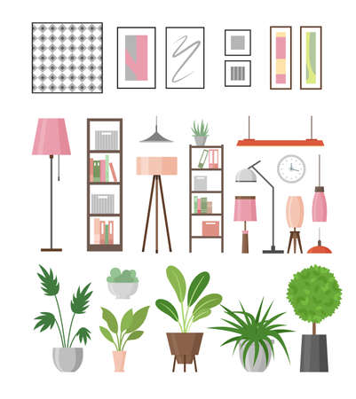 Vector illustration set of interior decor elements. Home plants in pots, lamps, shelves and pictures in frames for decor your living room or office. Collection of furniture in flat style.のイラスト素材