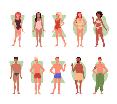 Different people body shape types infographic vector illustration set. Cartoon diverse group of man woman characters in underwear or swimsuits, constitution comparison of women men isolated on whiteのイラスト素材