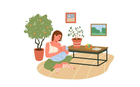 Mothers calm meditation while breastfeeding, lactation vector illustration. Cartoon mommy breast feeding newborn baby in lotus yoga pose in Scandinavian hygge living room interior isolated on whiteのイラスト素材