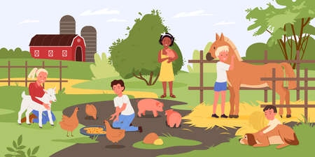 Children in contact zoo, happy kids and animals vector illustration. Cartoon boy girl child characters holding cute piggy, hugging dog, standing next to horse and feeding chickens with food backgroundのイラスト素材