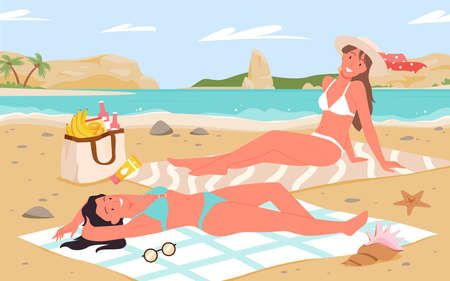 Girls sunbathe on tropical sea beach landscape, summer vacation tourism vector illustration. Cartoon young happy beautiful woman characters in bikini swimsuit sunbathing and smiling backgroundのイラスト素材