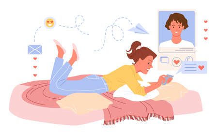 Online messenger chat, love communication vector illustration. Cartoon girl character lying on lazy home sofa couch holding phone with messages from young man, chatting social media isolated on whiteのイラスト素材