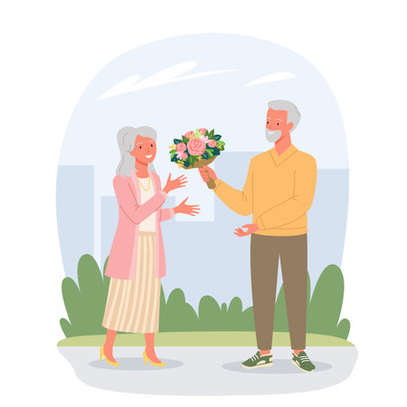 Senior people on date in Valentines Day vector illustration. Cartoon elderly man character giving flowers bouquet to happy woman, grandfather greeting grandmother with love present isolated on whiteのイラスト素材