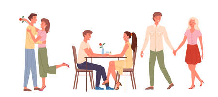 Cartoon happy loving pairs of men women characters sitting at table in cafe together and holding hands, romantic datings and love scenes isolated set. Couple people meet on date vector illustrationのイラスト素材