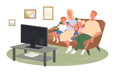 Happy family watch tv or movies, sit on home couch vector illustration. Cartoon mother character drinking coffee while watching television together with girl boy children and father isolated on whiteのイラスト素材