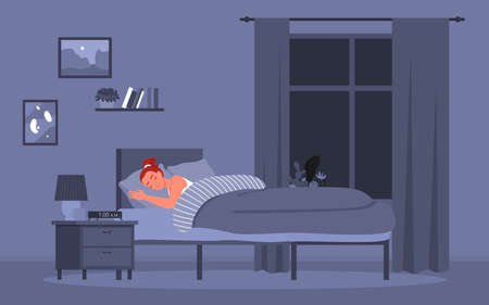 Girl sleeping in bed, healthy sleep at night, sweet dreams vector illustration. Cartoon young woman character lying in bed in bedroom interior, good work of biological circadian rhythms conceptのイラスト素材