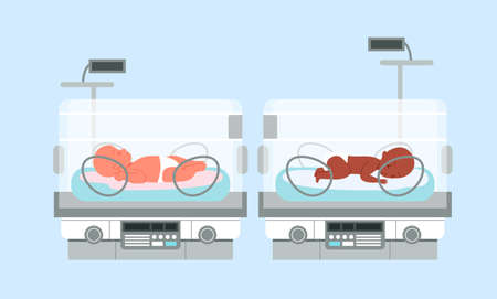 Preterm baby incubator with infants, neonatal intensive therapy vector illustration. Cartoon medical neonatologist equipment for care treatment of premature newborns, neonatology medicine backgroundのイラスト素材