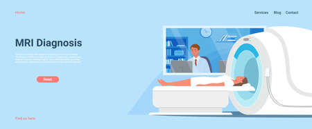 Mri diagnostic in hospital vector illustration. Cartoon doctor man character looking at diagnosis result of woman patient brain scan on computer monitor screen, working with lab equipment landing pageのイラスト素材