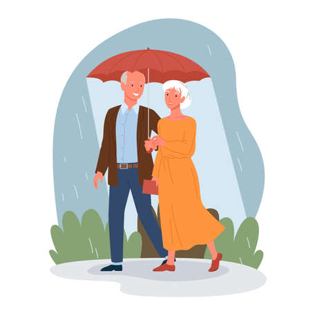 Senior people on date walking together vector illustration. Cartoon happy elderly man woman characters with umbrella walk in rain, romantic dating and smiling, lifestyle scene isolated on whiteのイラスト素材