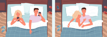 Couple people sleeping poses in bed vector illustration set. Cartoon young happy man and woman characters sleep together in bedroom, wife and husband, relationship backgroundのイラスト素材