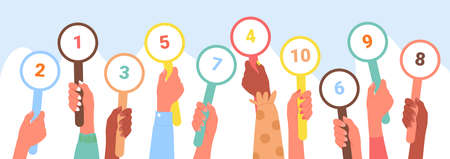 Scorecard customer review rating, client feedback service concept vector illustration. Cartoon diverse client hands rate and vote in row, holding up round grade card with ranking numbers backgroundのイラスト素材