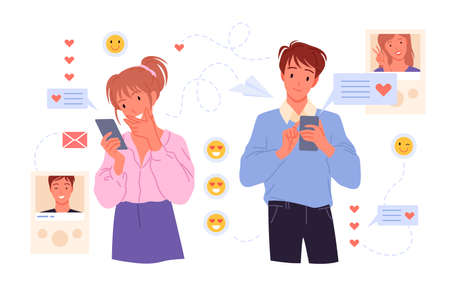 Couple people dating online, chatting in messenger using heart emoticons vector illustration. Cartoon young man woman characters holding phone gadgets in hands, chat, send messages isolated on whiteのイラスト素材