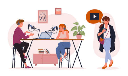 Blogger podcaster people streaming. Cartoon young man woman characters posting short video to vlog or web blog, recording on camera podcast video stream content isolated on whiteのイラスト素材