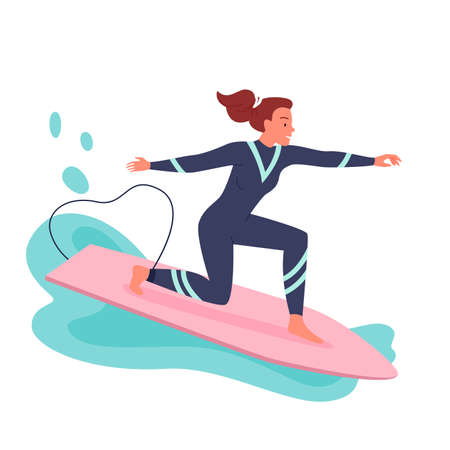 Young woman surfing on surf board vector illustration. Cartoon active happy girl surfer in wetsuit surfing with surfboard among waves and sea splashes, Extreme coastal watersport isolated on whiteのイラスト素材