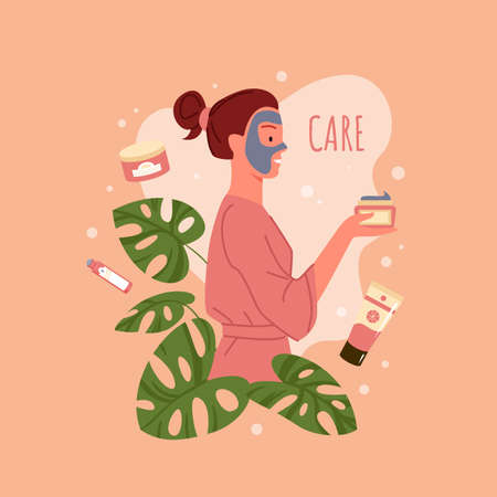 organic cosmetic treatment for daytime routine vector illustration Cartoon happy woman character in towel after shower holding tube container with lavender cream to careのイラスト素材