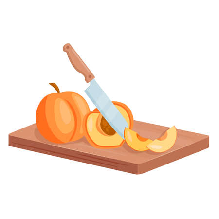 Cut peach fruits isometric vector illustration. Cartoon 3d ripe juicy peach chopped slices lie on cutting board plank, knife chops half and sliced summer fruits, sweet healthy food isolated on whiteのイラスト素材
