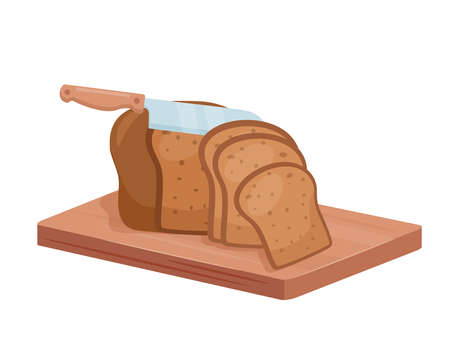Cut rye bread isometric vector illustration. Cartoon chef knife cutting bread loaf made from rye flour on kitchen board, chopped food, sliced loaf bakery shop product on wooden plank isolated on whiteのイラスト素材