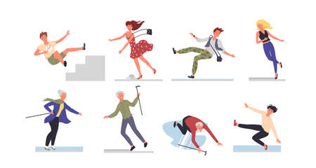 People fall vector illustration set. Cartoon young and old woman man characters falling down ladder...