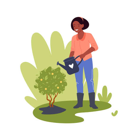People work in garden vector illustration. Cartoon gardener worker woman character working gardening planting and watering lemon tree with can, cultivation agriculture technology isolated on whiteのイラスト素材