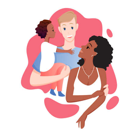 Happy international family people with kid vector illustration. Cartoon father mother of different nations and child standing together and hugging, dad holding son with smile isolated on whiteのイラスト素材