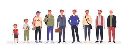 Man ages, different generation concept vector illustration. Cartoon male characters in aging stage...