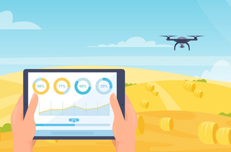 Drone smart farm mobile technology vector illustration. Cartoon farmer hands holding tablet device with diagram on screen interface to control drone, using digital innovation in agriculture backgroundのイラスト素材