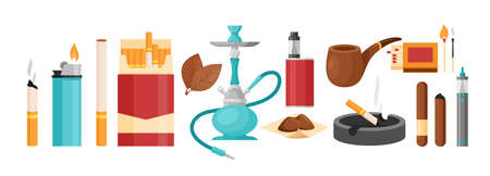 smoker addict collection with nicotine cigarette in pack box or ashtray, cigar lighter hookah vape...
