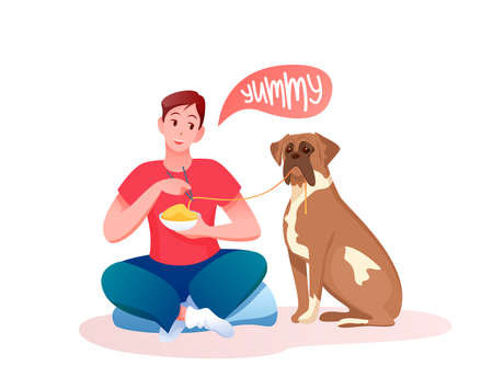 Feed dog vector illustration. Cartoon young man giving food to own saint bernard dog, male owner character feeding own doggy pet with favourite yummy noodles. Love, care of animals isolated on whiteのイラスト素材