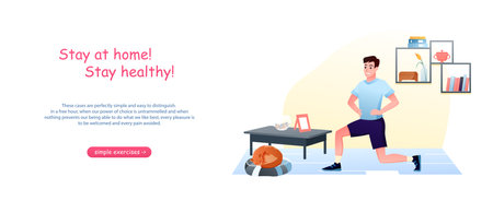 Young man doing sport exercises at home. Coronavirus outbreak concept background. Stay at home in quarantine for healthy sport workout vector illustrationのイラスト素材