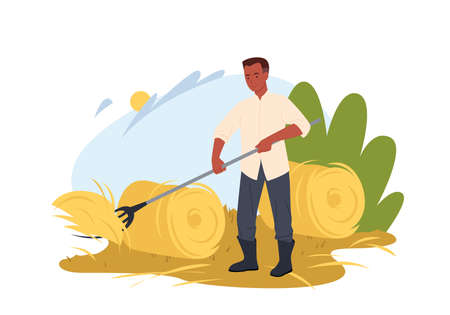 Farmer working on field vector illustration. Cartoon village worker agrarian character gathering hay with pitchfork in round haystack, countryside and farmland, agricultural work isolated on whiteのイラスト素材