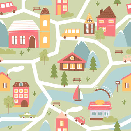 Cute town or village houses, childish seamless pattern vector illustration. Cartoon townscape with river and bridge, funny countryside colorful building facades among green trees and cars on streetsのイラスト素材