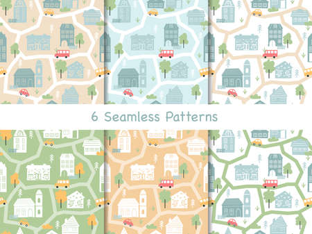 Town houses seamless pattern vector illustration. Cartoon scandinavian map townscape collection, city landscape with outline home facades, church architecture, cars in summer street scenes backgroundのイラスト素材