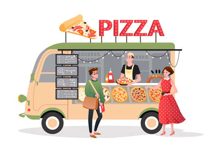 Pizza street market food truck vector illustration. Cartoon mini pizzeria restaurant mobile shop in van bus foodtruck marketplace, happy man seller character selling takeaway pizza fastfood to peopleのイラスト素材