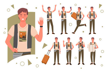 Tourist traveler pose vector illustration set. Cartoon happy young male character portrait, man traveling and waving hand, holding luggage and travel city map in various postures isolated on whiteのイラスト素材