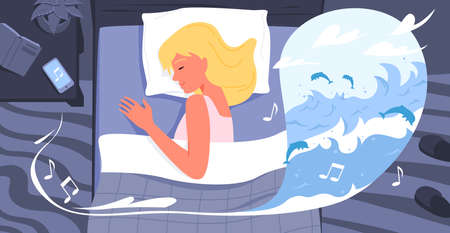 Cartoon beautiful young woman character lying in bed in bedroom interior, listening to relax music background. Happy healthy sleeping girl, calm music in phone player, relaxation vector illustrationのイラスト素材