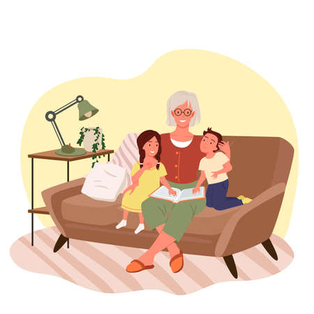 Grandmother reading book to children, happy family time vector illustration. Cartoon grandma and girl boy child sitting on sofa couch in living room interior to read fun story book isolated on whiteのイラスト素材