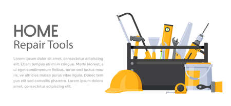 Repair tools vector illustration. Cartoon handyman toolbox with builder safety hat, paint brush, hammer and screwdriver saw. Carpentry and building professional fix equipment for home renovationのイラスト素材