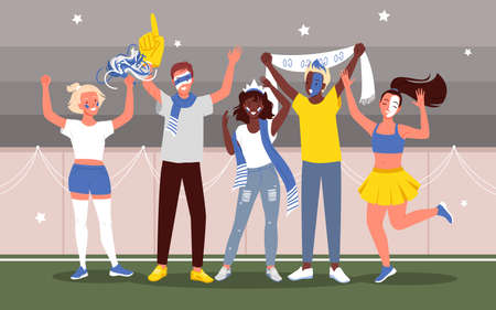 Soccer or football people fans celebrate goal in sport stadium vector illustration. Cartoon young happy woman man fan characters supporting national team with flags and painted face backgroundのイラスト素材
