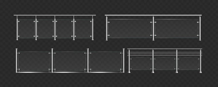 Glass balustrade with steel handrails vector illustration set. 3d fence sections, glass railing collection with plastic panels for staircase, modern balcony or terrace fencing on black backgroundのイラスト素材