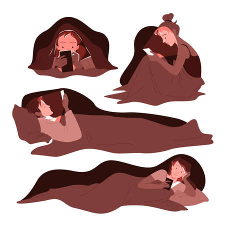 People use mobile phones late at night vector illustration set. Cartoon young man woman characters lying in bed under blanket in home bedroom, using gadgets for online networking isolated on whiteのイラスト素材
